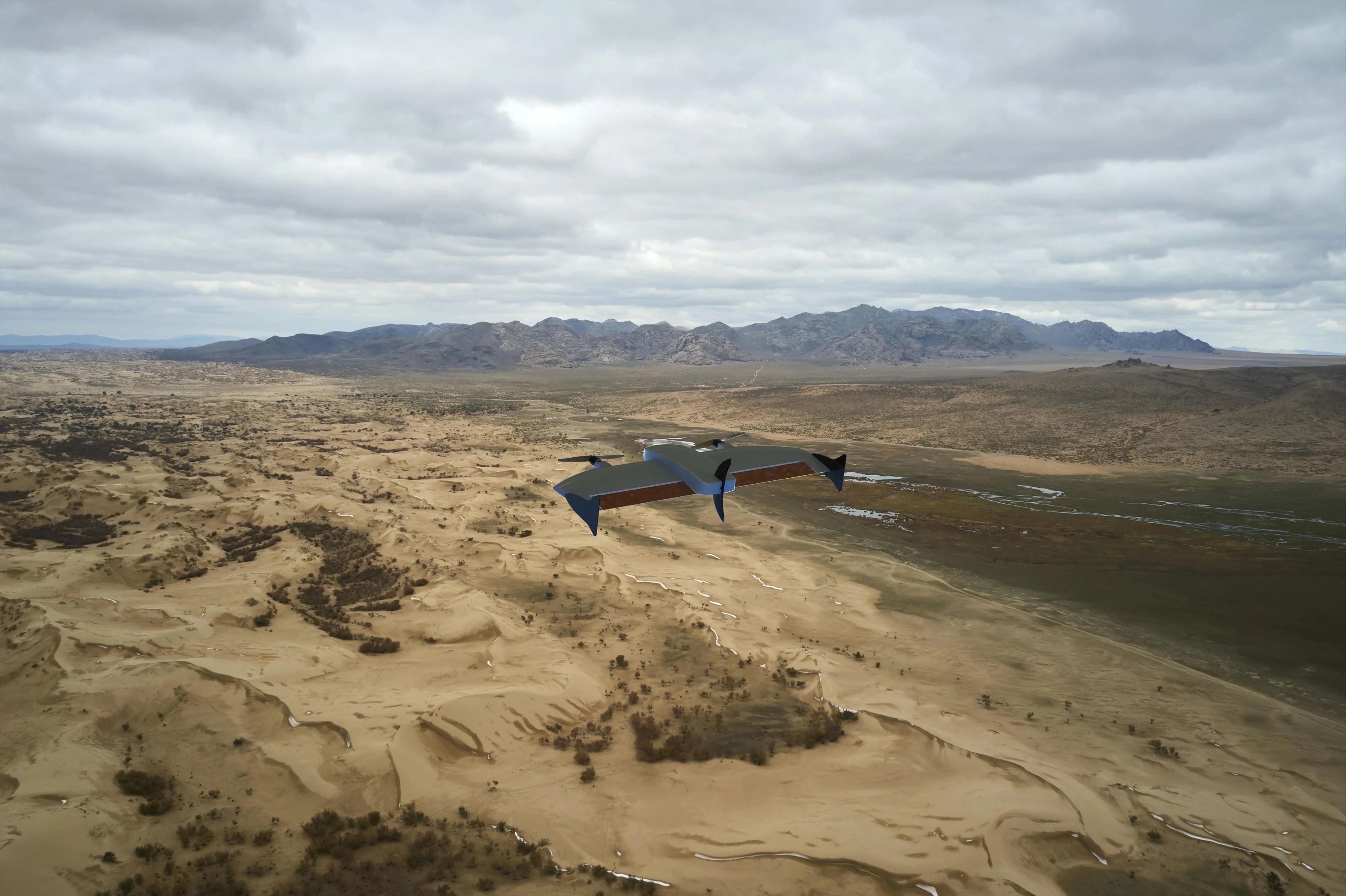 Original high-resolution WING aircraft render over a desert landscape
