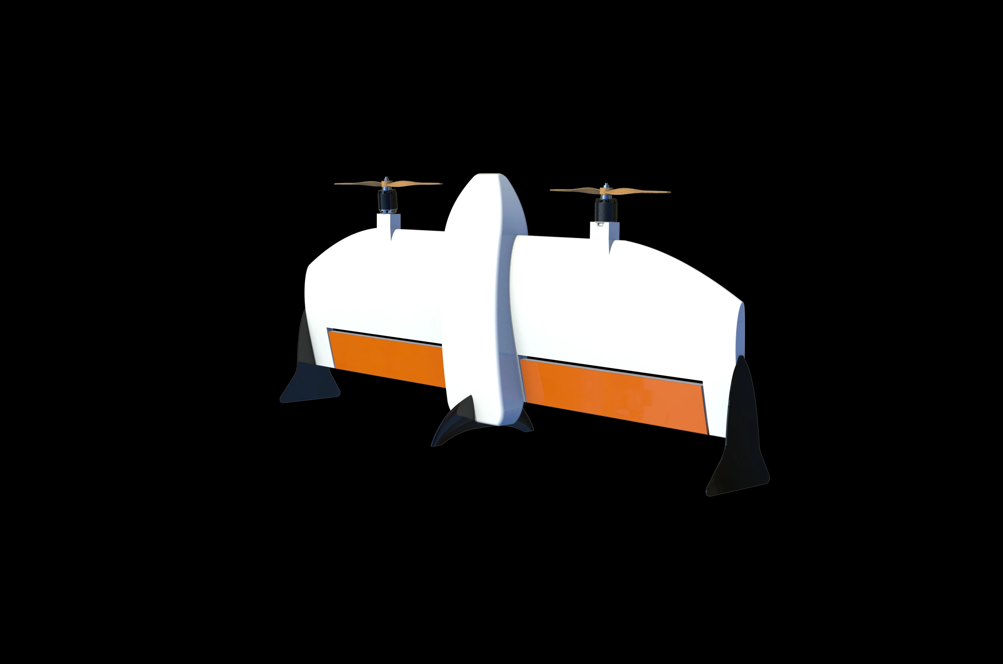 White and orange aircraft concept with paired propellers and landing stands