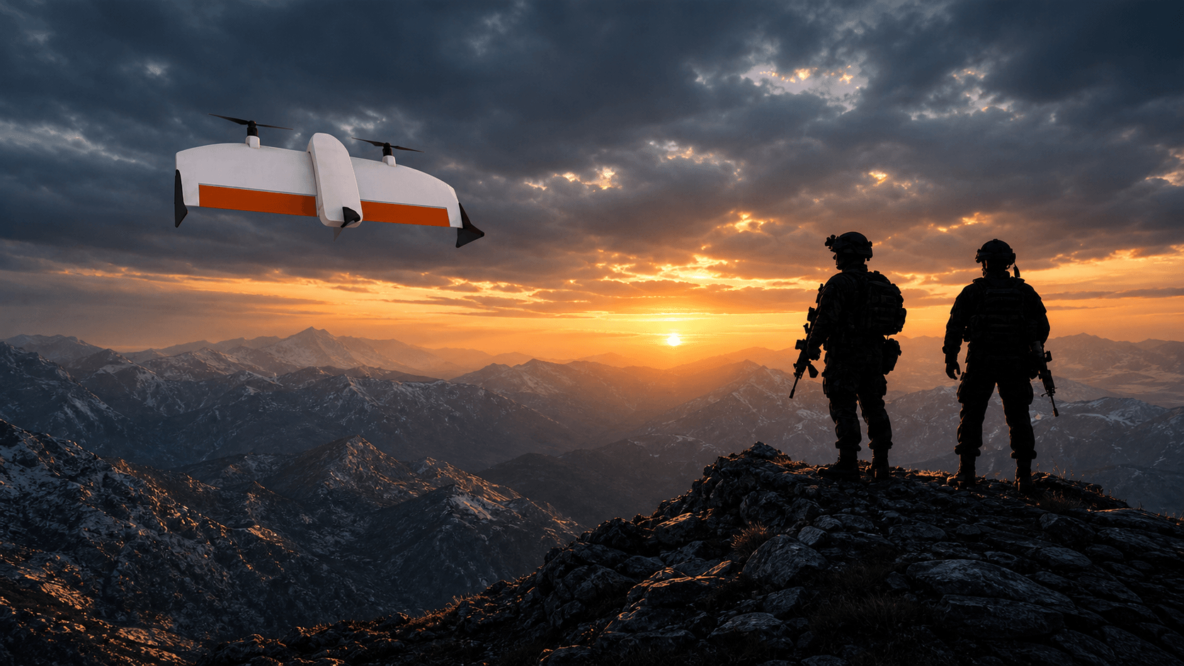 Drone flying in front of two soldiers against a mountain sunset